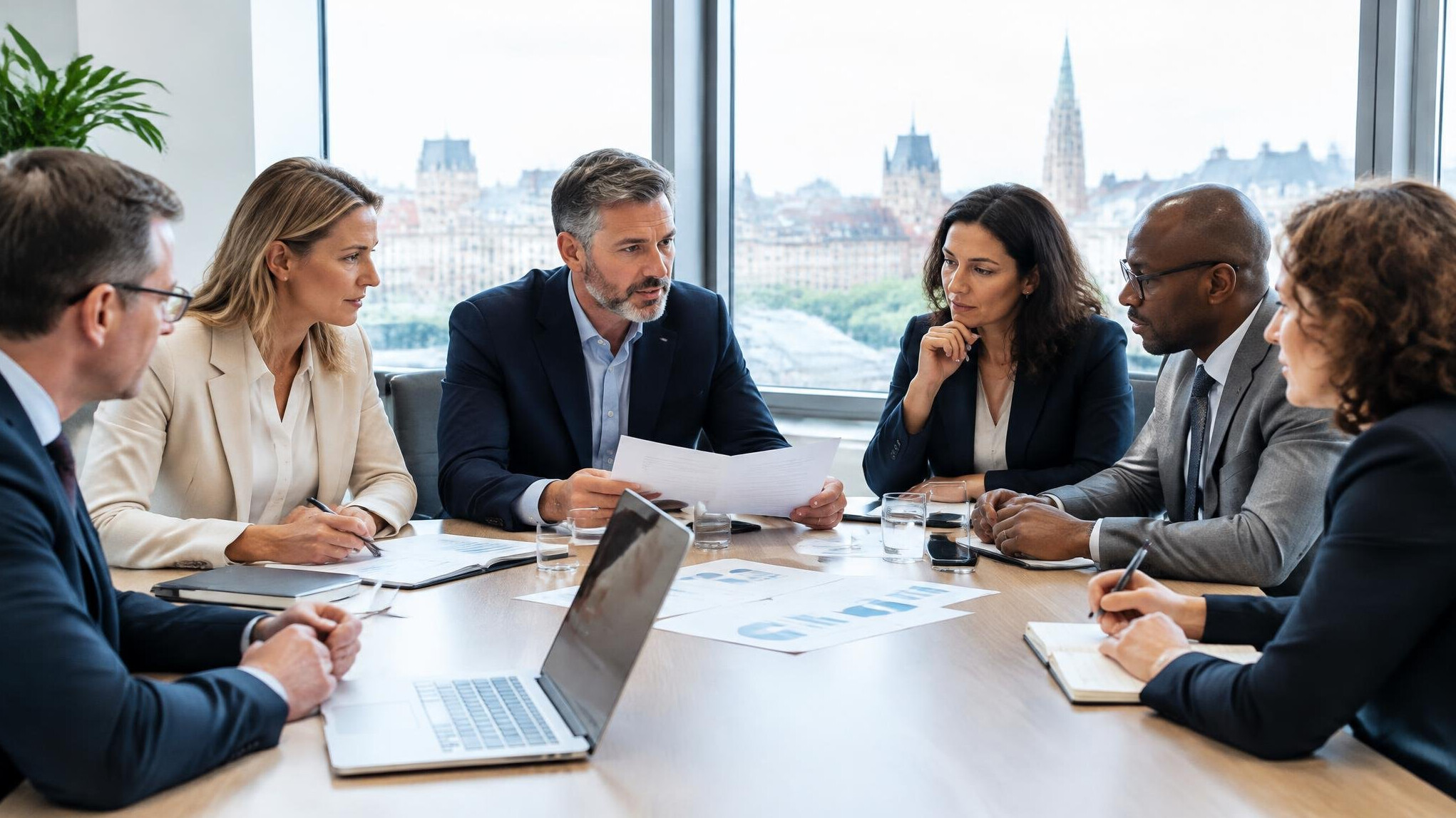 Executives discussing strategic foresight around a table